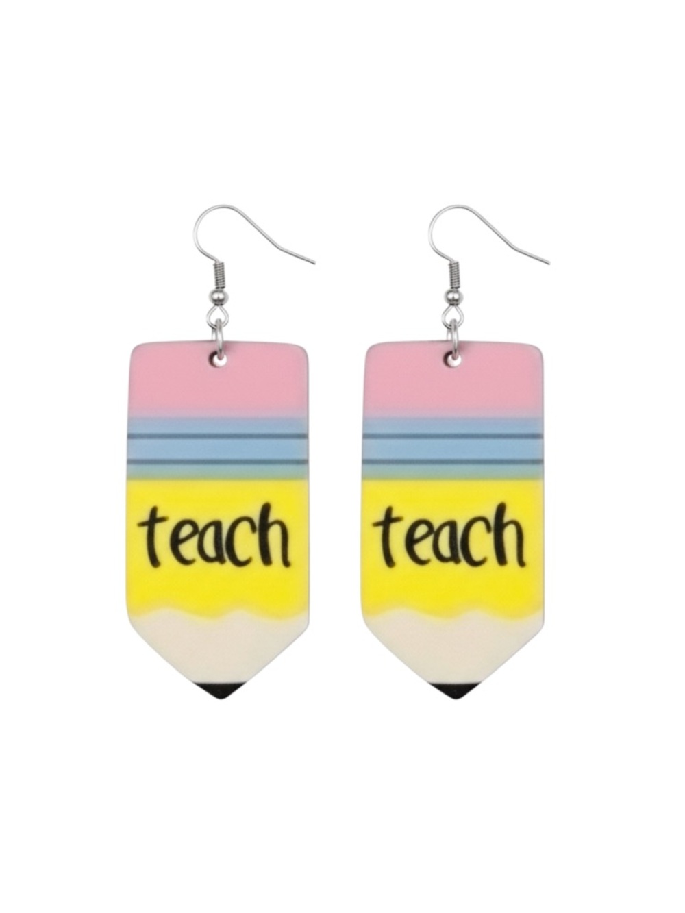 Pencil-Shaped "Teach" Earrings in Pink, Yellow, Blue